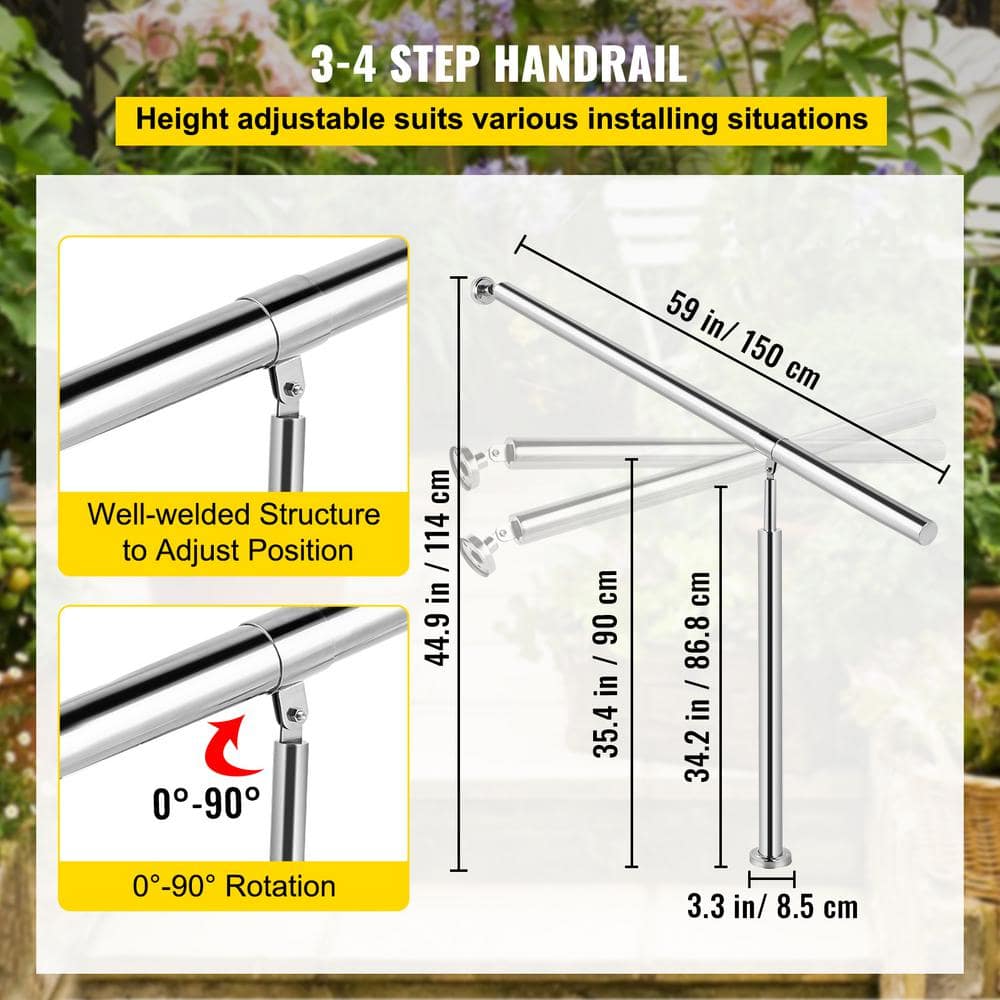 VEVOR 59 in. W x 35.4 in. H Single Post Handrails 304 Stainless Steel Handrails for Outdoor Steps, Silver