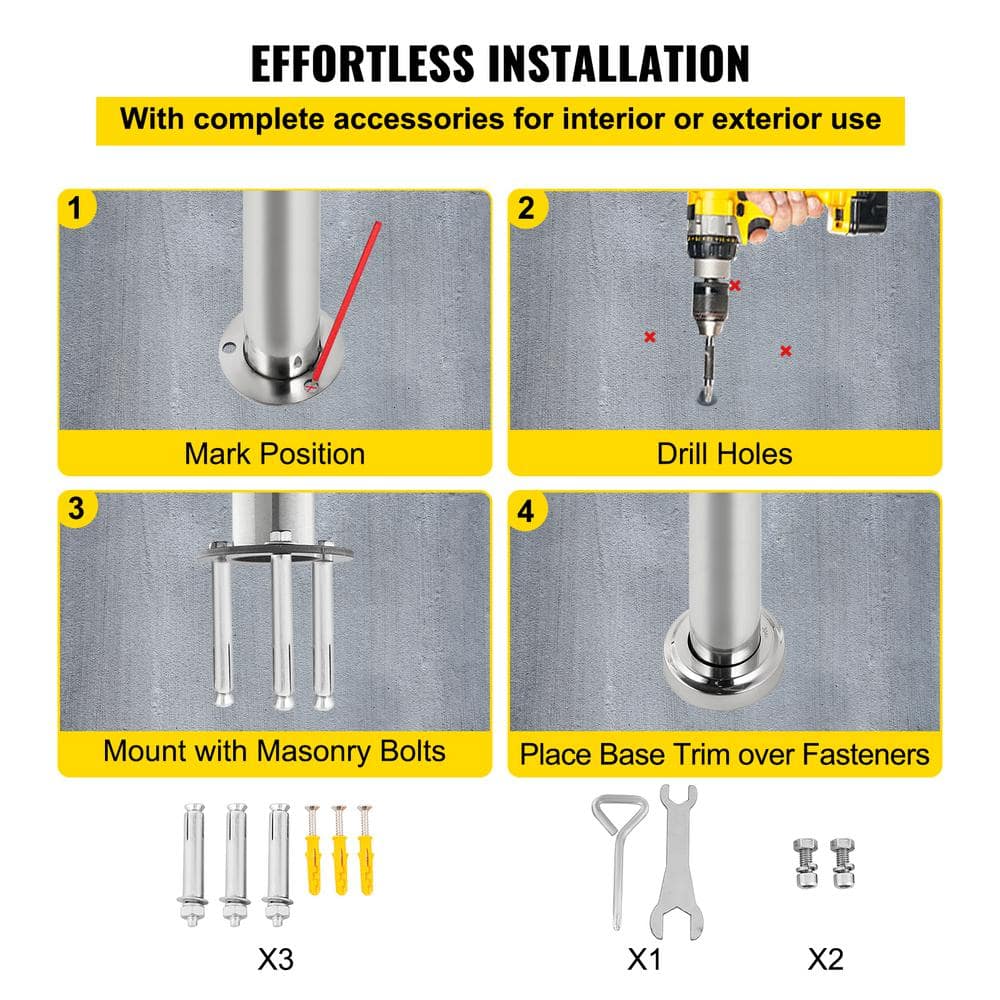 VEVOR 59 in. W x 35.4 in. H Single Post Handrails 304 Stainless Steel Handrails for Outdoor Steps, Silver