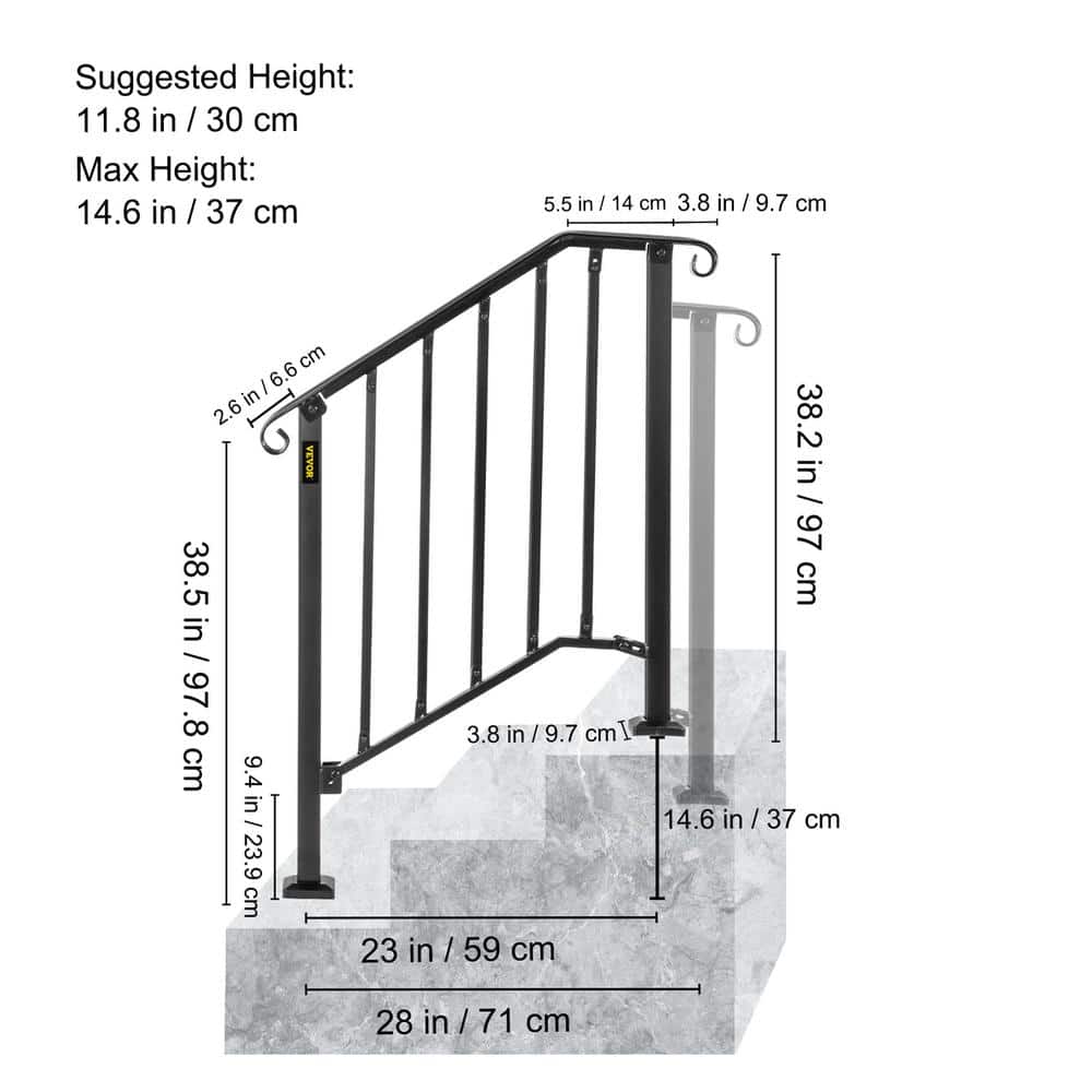 VEVOR 2 ft. Handrails for Outdoor Steps Fit 2 or 3 Steps Outdoor Stair Railing Wrought Iron Handrail with baluster, Black