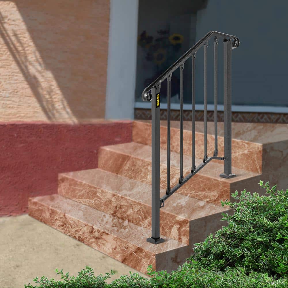 VEVOR 2 ft. Handrails for Outdoor Steps Fit 2 or 3 Steps Outdoor Stair Railing Wrought Iron Handrail with baluster, Black