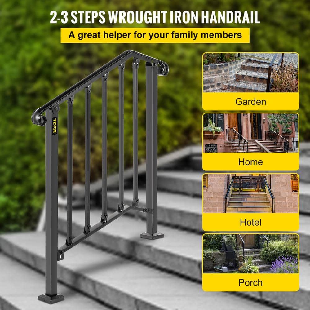 VEVOR 2 ft. Handrails for Outdoor Steps Fit 2 or 3 Steps Outdoor Stair Railing Wrought Iron Handrail with baluster, Black
