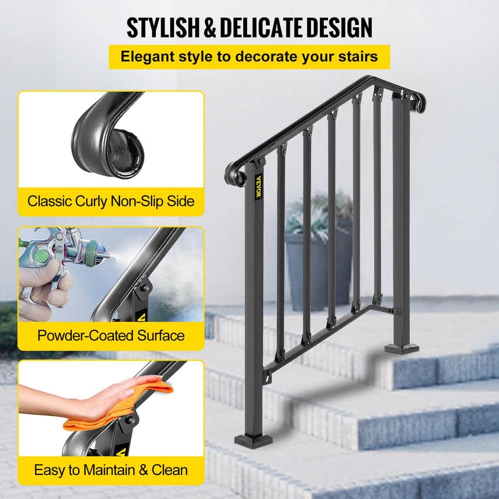 VEVOR 2 ft. Handrails for Outdoor Steps Fit 2 or 3 Steps Outdoor Stair Railing Wrought Iron Handrail with baluster, Black