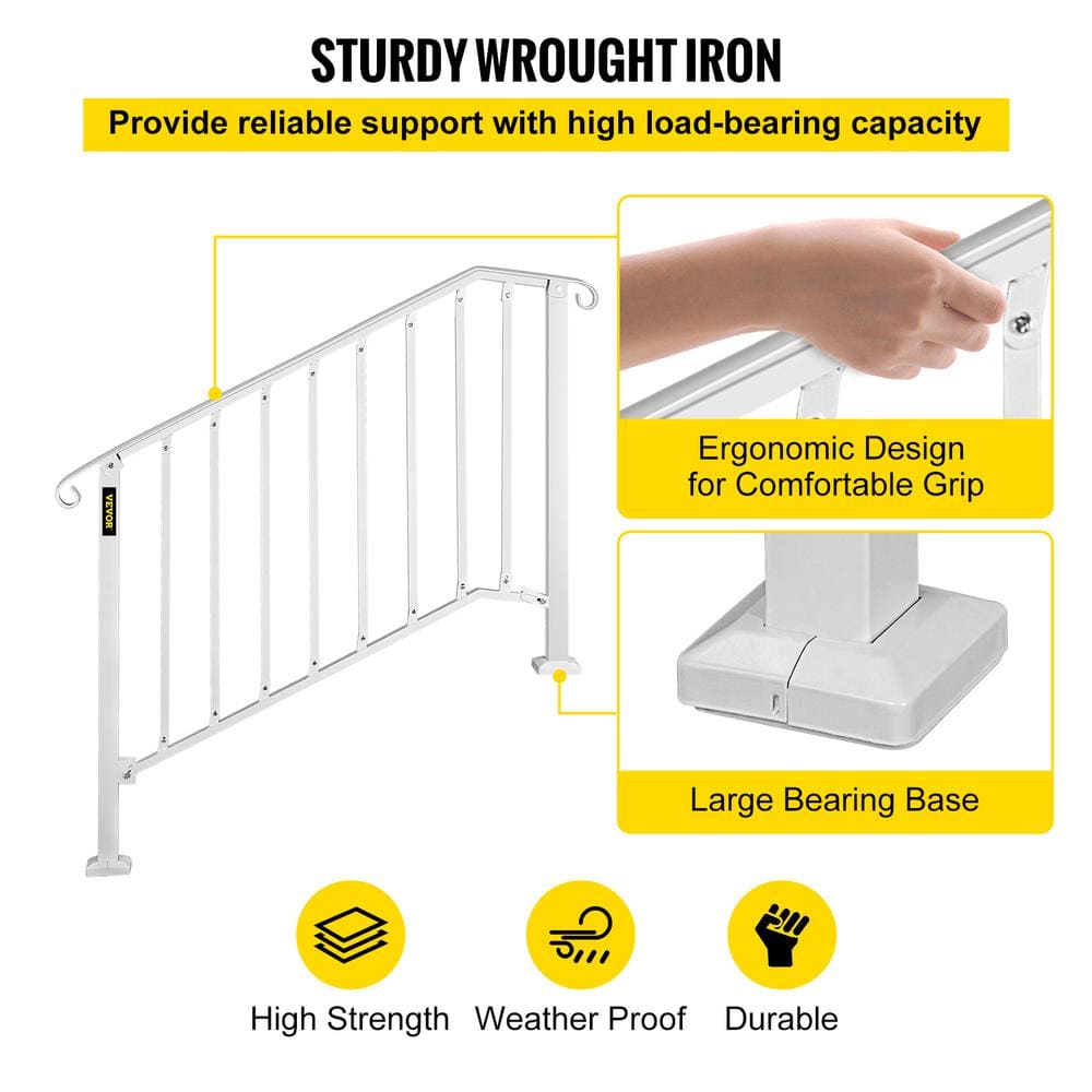 VEVOR 3 ft. Handrails for Outdoor Steps Fit 3 or 4 Steps Outdoor Stair Railing Wrought Iron Handrail with baluster, White