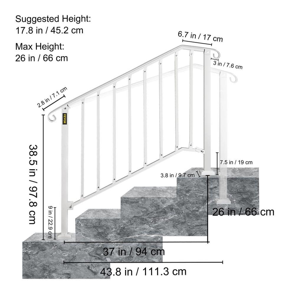 VEVOR 3 ft. Handrails for Outdoor Steps Fit 3 or 4 Steps Outdoor Stair Railing Wrought Iron Handrail with baluster, White