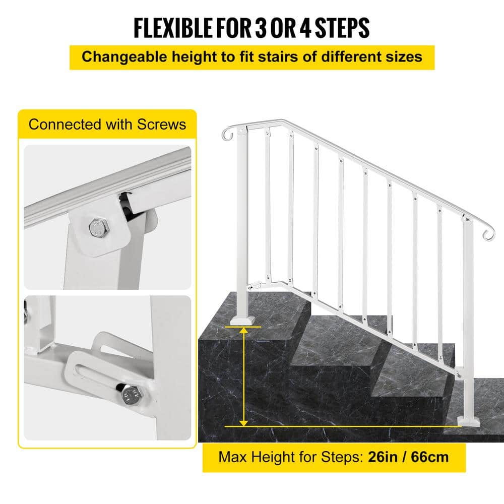 VEVOR 3 ft. Handrails for Outdoor Steps Fit 3 or 4 Steps Outdoor Stair Railing Wrought Iron Handrail with baluster, White