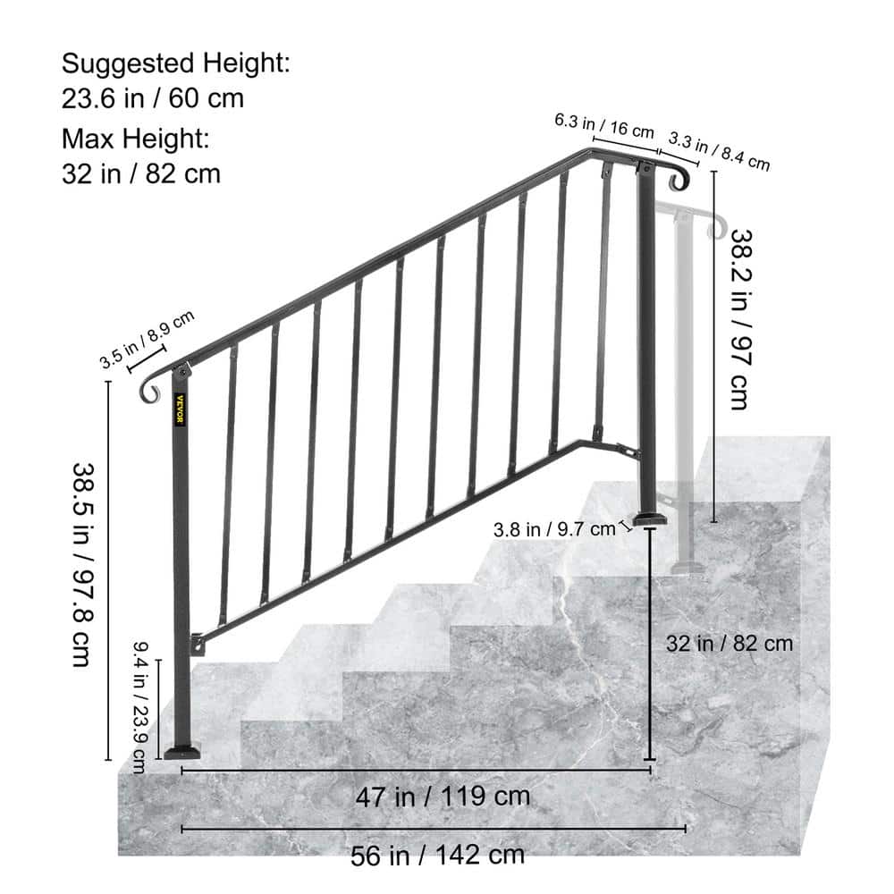 VEVOR 4 ft. Handrails for Outdoor Steps Fit 4 or 5 Steps Outdoor Stair Railing Wrought Iron Handrail with baluster, Black