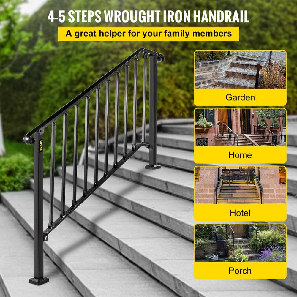 VEVOR 4 ft. Handrails for Outdoor Steps Fit 4 or 5 Steps Outdoor Stair Railing Wrought Iron Handrail with baluster, Black
