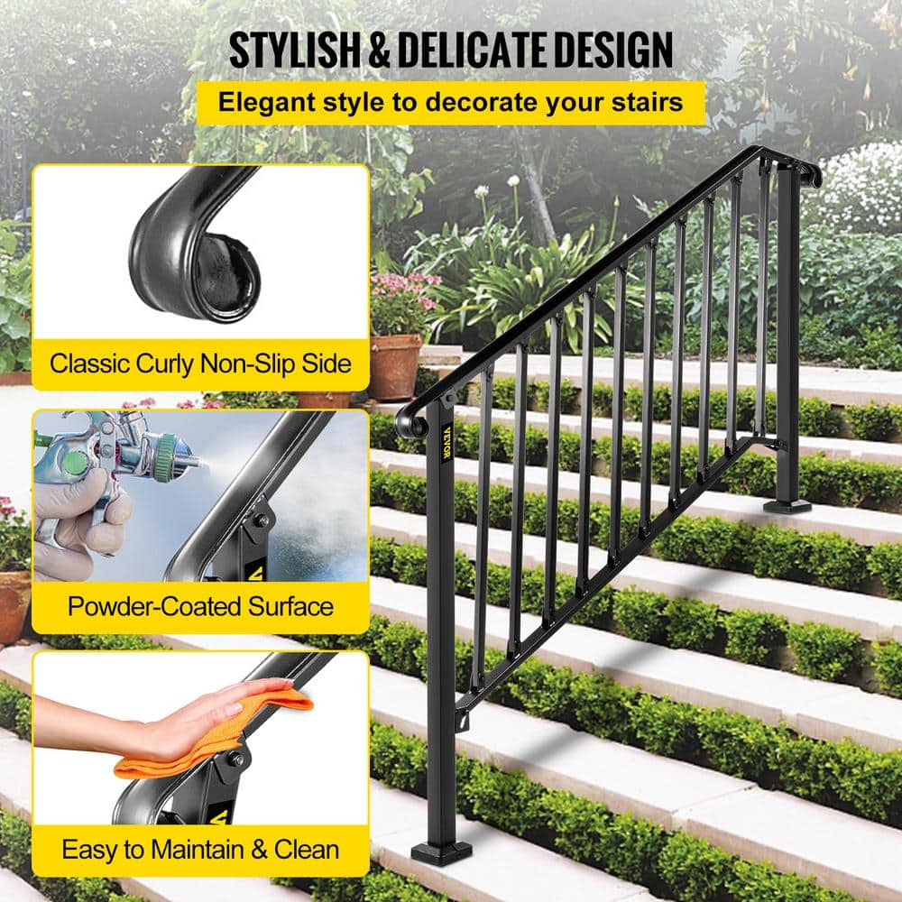 VEVOR 4 ft. Handrails for Outdoor Steps Fit 4 or 5 Steps Outdoor Stair Railing Wrought Iron Handrail with baluster, Black
