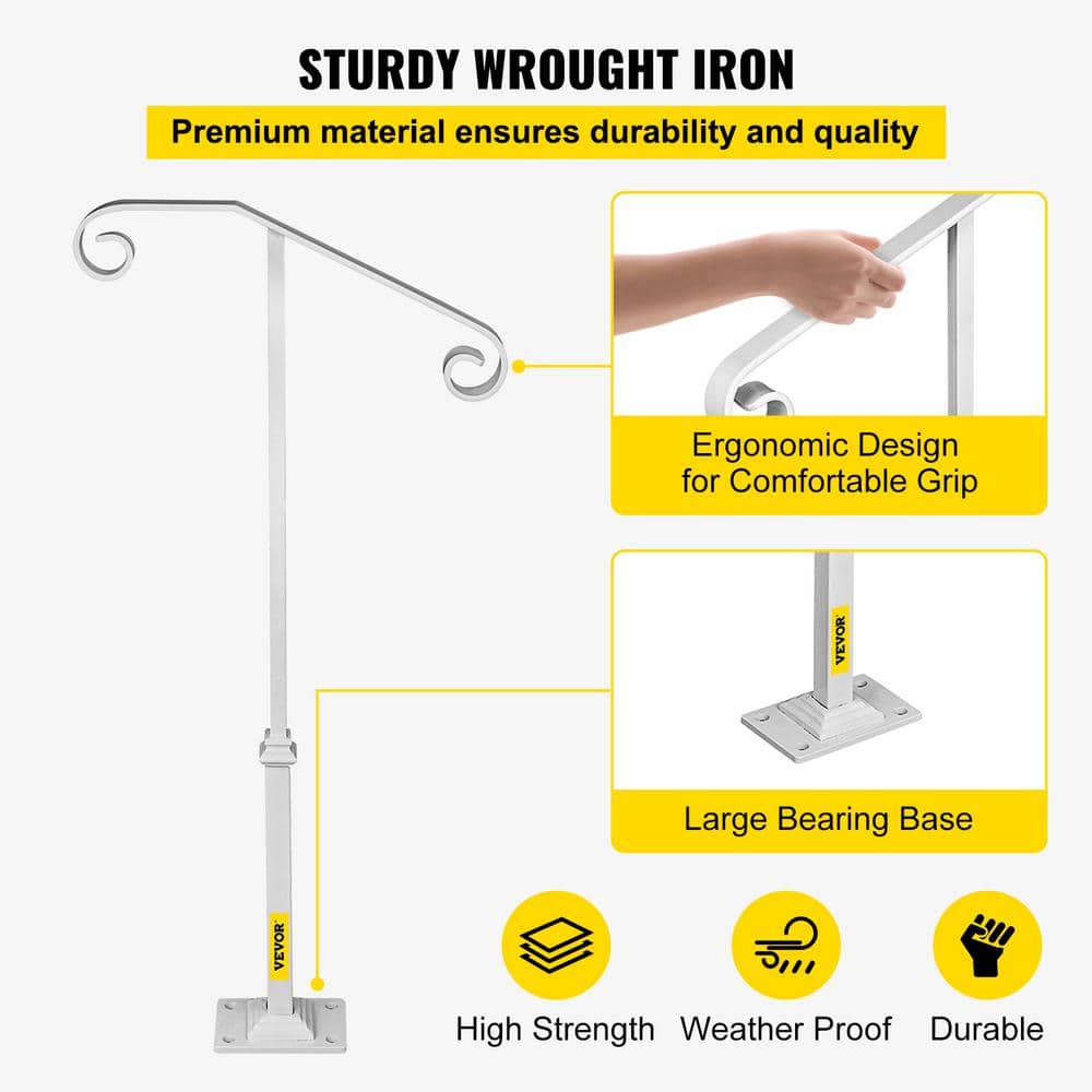 VEVOR Single Post Handrail 38.8 in. H x 20.5 in. W White Wrought Iron Stair Railing Kit Post Mount Step Grab Supports