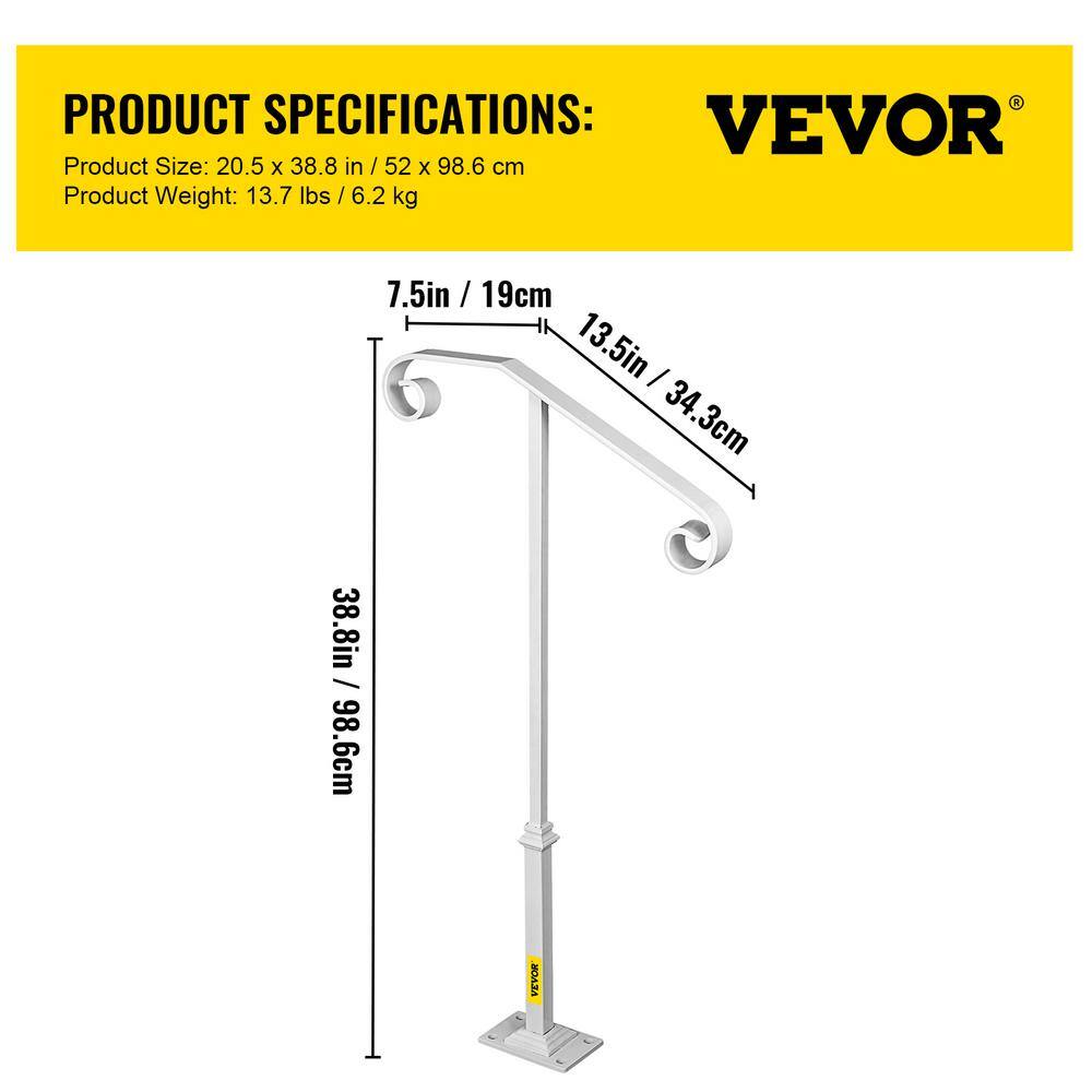 VEVOR Single Post Handrail 38.8 in. H x 20.5 in. W White Wrought Iron Stair Railing Kit Post Mount Step Grab Supports