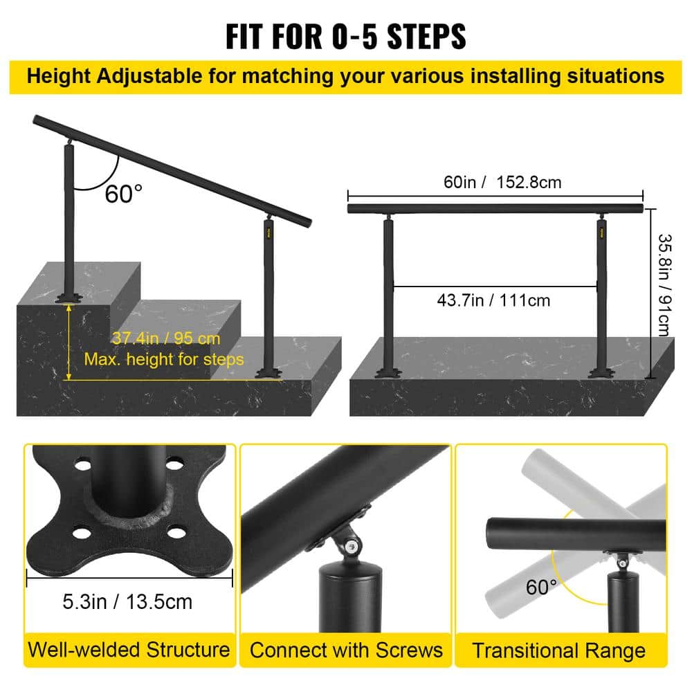VEVOR 5 ft. Outdoor Stair Railing Fits 4-5 Steps Adjustable Angle Aluminum Stair Handrails for Outdoor Steps, Black