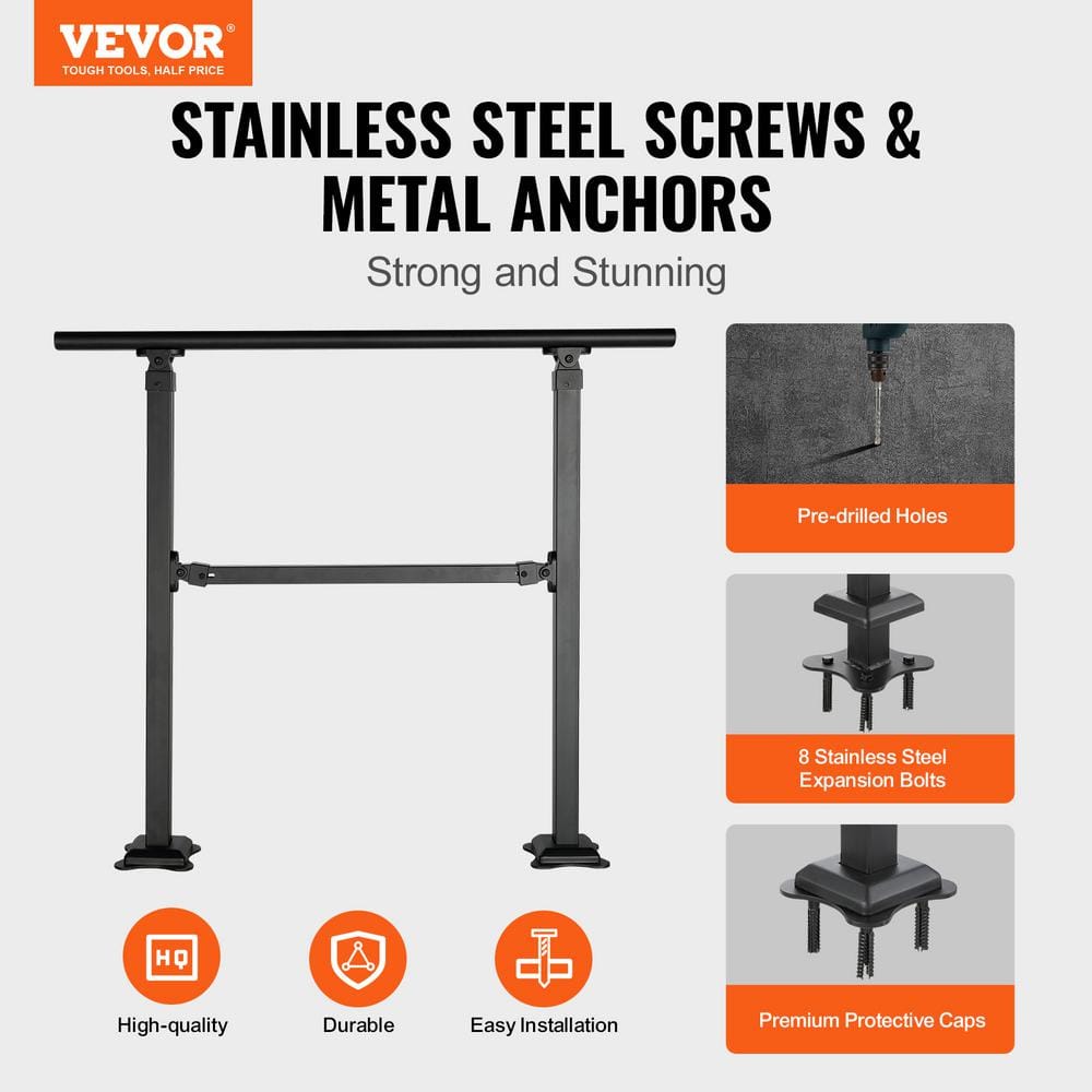 VEVOR Stair Handrail Railing 3 ft. 3 Steps Handrails for Outdoor 35.82 in. H x 5.3 in. W Black Carbon Steel Stair Railing Kit