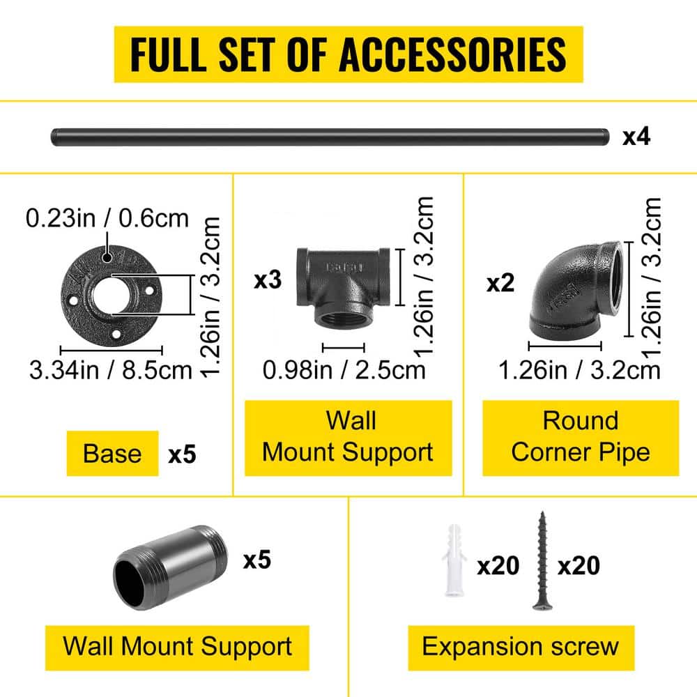 VEVOR 13 ft. Pipe Stair Handrail 440 lbs. Load Capacity Wall Mounted Handrail Round Corner Handrails for Outdoor Steps, Black
