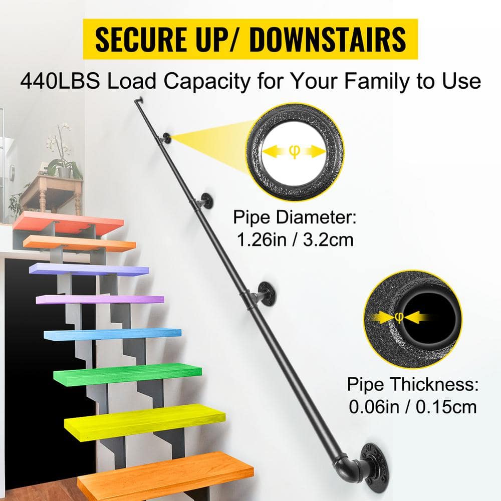 VEVOR 13 ft. Pipe Stair Handrail 440 lbs. Load Capacity Wall Mounted Handrail Round Corner Handrails for Outdoor Steps, Black