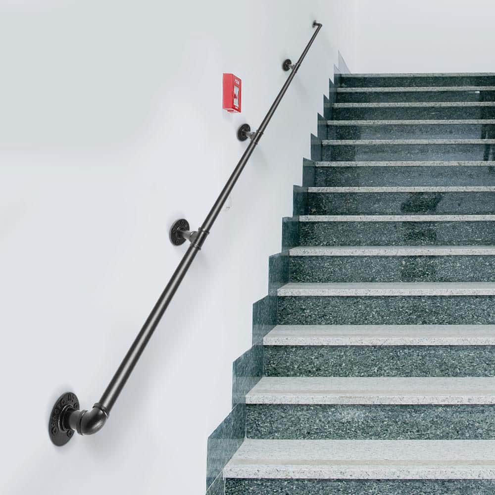 VEVOR 13 ft. Pipe Stair Handrail 440 lbs. Load Capacity Wall Mounted Handrail Round Corner Handrails for Outdoor Steps, Black