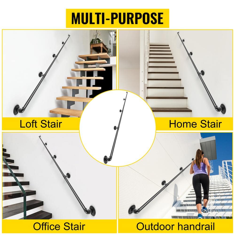 VEVOR 13 ft. Pipe Stair Handrail 440 lbs. Load Capacity Wall Mounted Handrail Round Corner Handrails for Outdoor Steps, Black