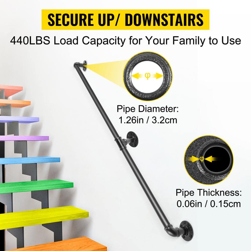 VEVOR 6 ft. Pipe Stair Handrail 440 lbs. Load Capacity Wall Mounted Handrail Round Corner Handrails for Outdoor Steps in Black