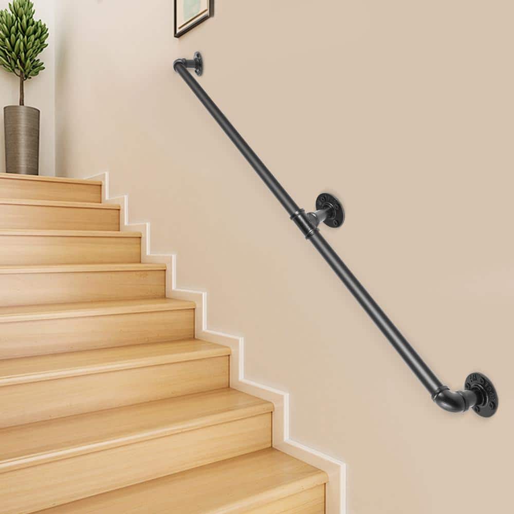 VEVOR 6 ft. Pipe Stair Handrail 440 lbs. Load Capacity Wall Mounted Handrail Round Corner Handrails for Outdoor Steps in Black