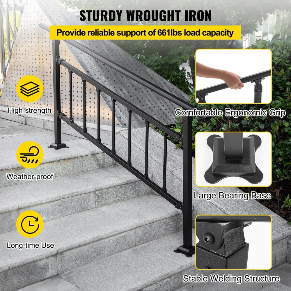 VEVOR Outdoor Stair Railing Fits for 3 to 4 Steps Adjustable Exterior Stair Railing Wrought Iron Handrail