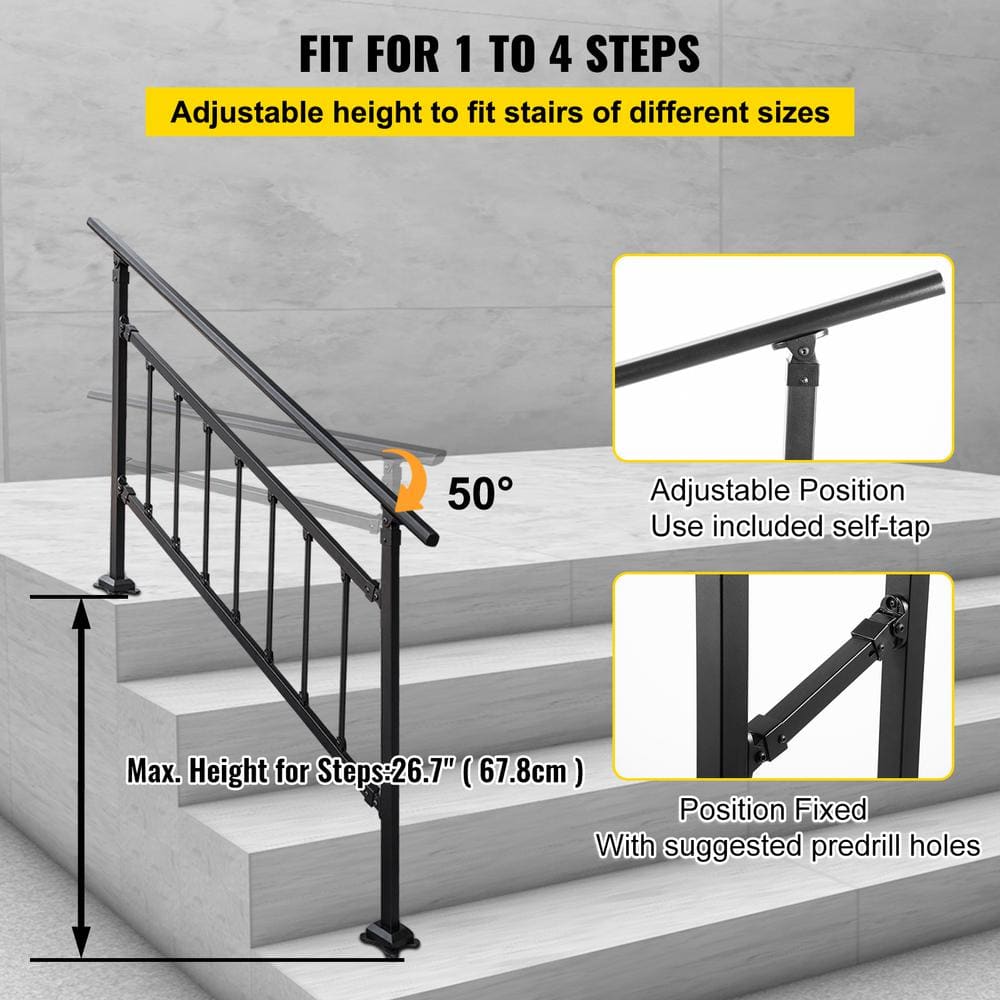 VEVOR Outdoor Stair Railing Fits for 3 to 4 Steps Adjustable Exterior Stair Railing Wrought Iron Handrail