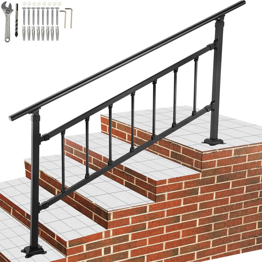 VEVOR Outdoor Stair Railing Fits for 3 to 4 Steps Adjustable Exterior Stair Railing Wrought Iron Handrail