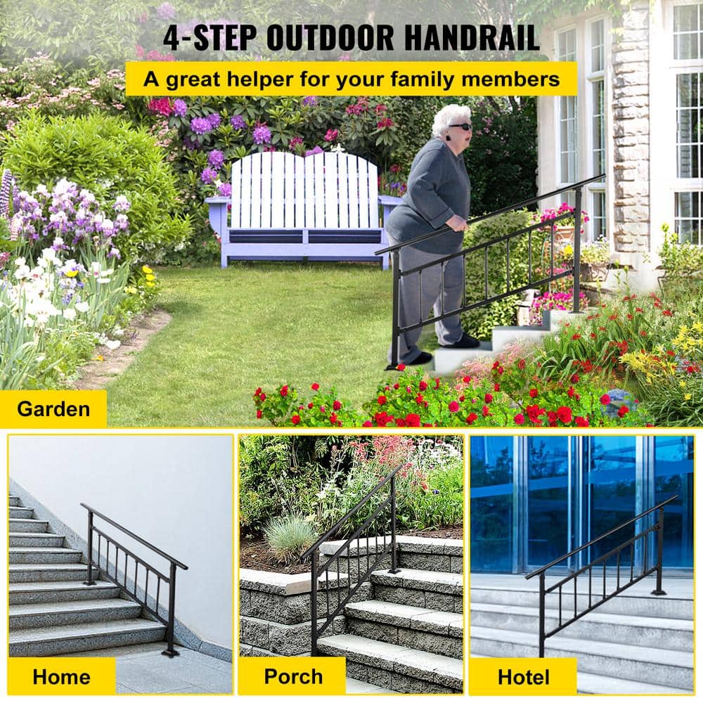 VEVOR Outdoor Stair Railing Fits for 3 to 4 Steps Adjustable Exterior Stair Railing Wrought Iron Handrail