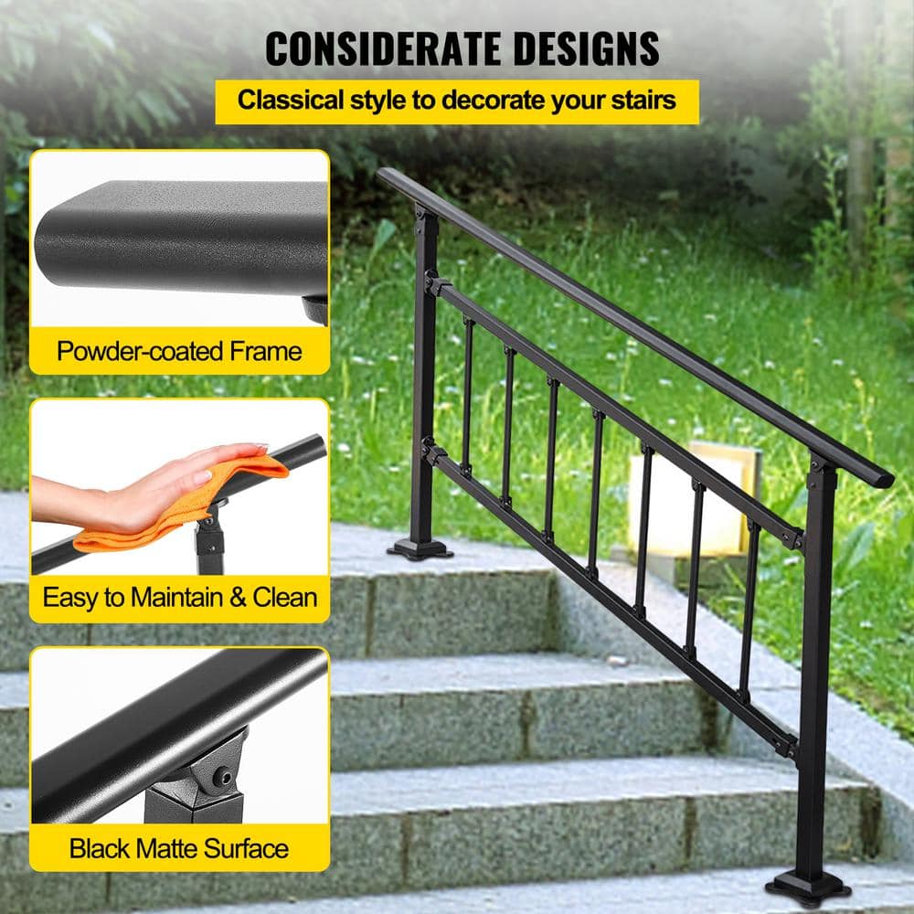 VEVOR Outdoor Stair Railing Fits for 3 to 4 Steps Adjustable Exterior Stair Railing Wrought Iron Handrail