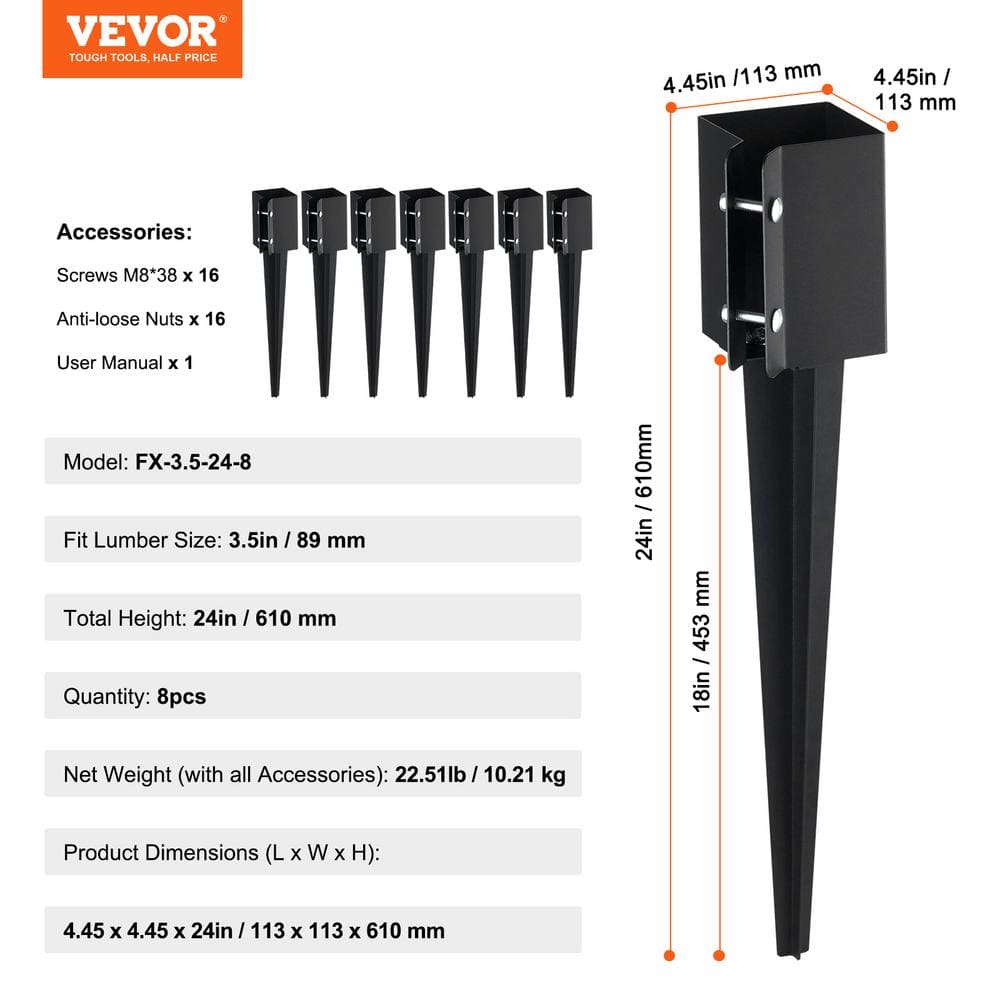 VEVOR Fence Post Anchor Ground Spike 8-Pack 24 in. x 4 in. x 4 in. Outer Diameter Metal Black Powder Coated Post Stake Ground.
