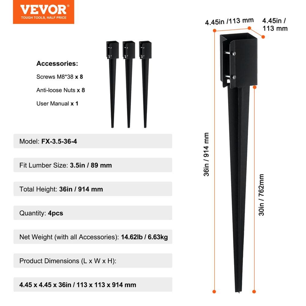 VEVOR Fence Post Anchor Ground, 4-Pack 36 in. L x 4 in. W x 4 in. H Outer Diameter, Metal Powder Coated Post Stake Ground