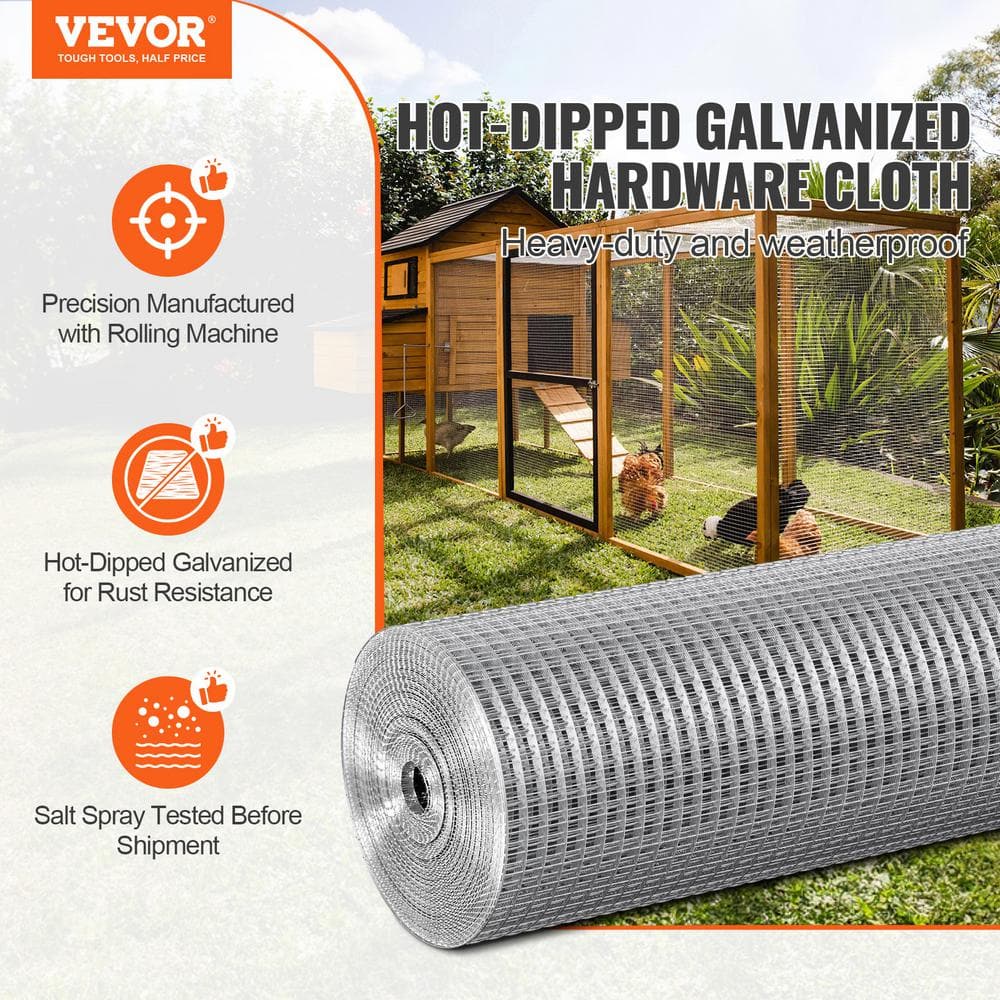 VEVOR Hardware Cloth 1/2 in. x 2 ft. x 100 ft. 19-Gauge Hardware Cloth Galvanized Wire Mesh Roll Chicken Wire Fencing Wire