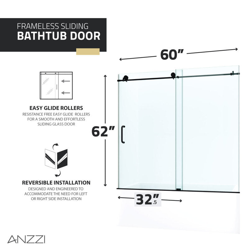 ANZZI Raymore 60 in. x 62 in. Frameless Sliding Bathtub Door in Polished Chrome