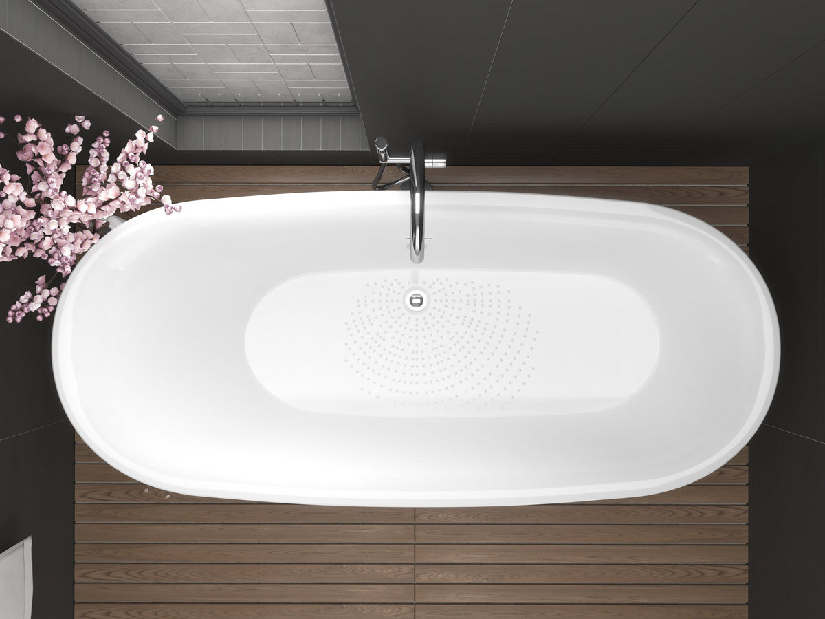 ANZZI Ami 67 in. Acrylic Flatbottom Freestanding Bathtub, Glossy White, Center Drain
