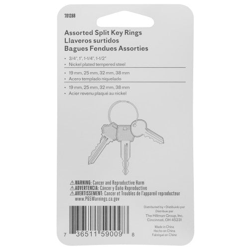 Hillman Tempered Steel Assorted Split Key Rings, Nickel-Plated (3/4 in, 1 in, 1-1/4 in, 1-1/2 in)