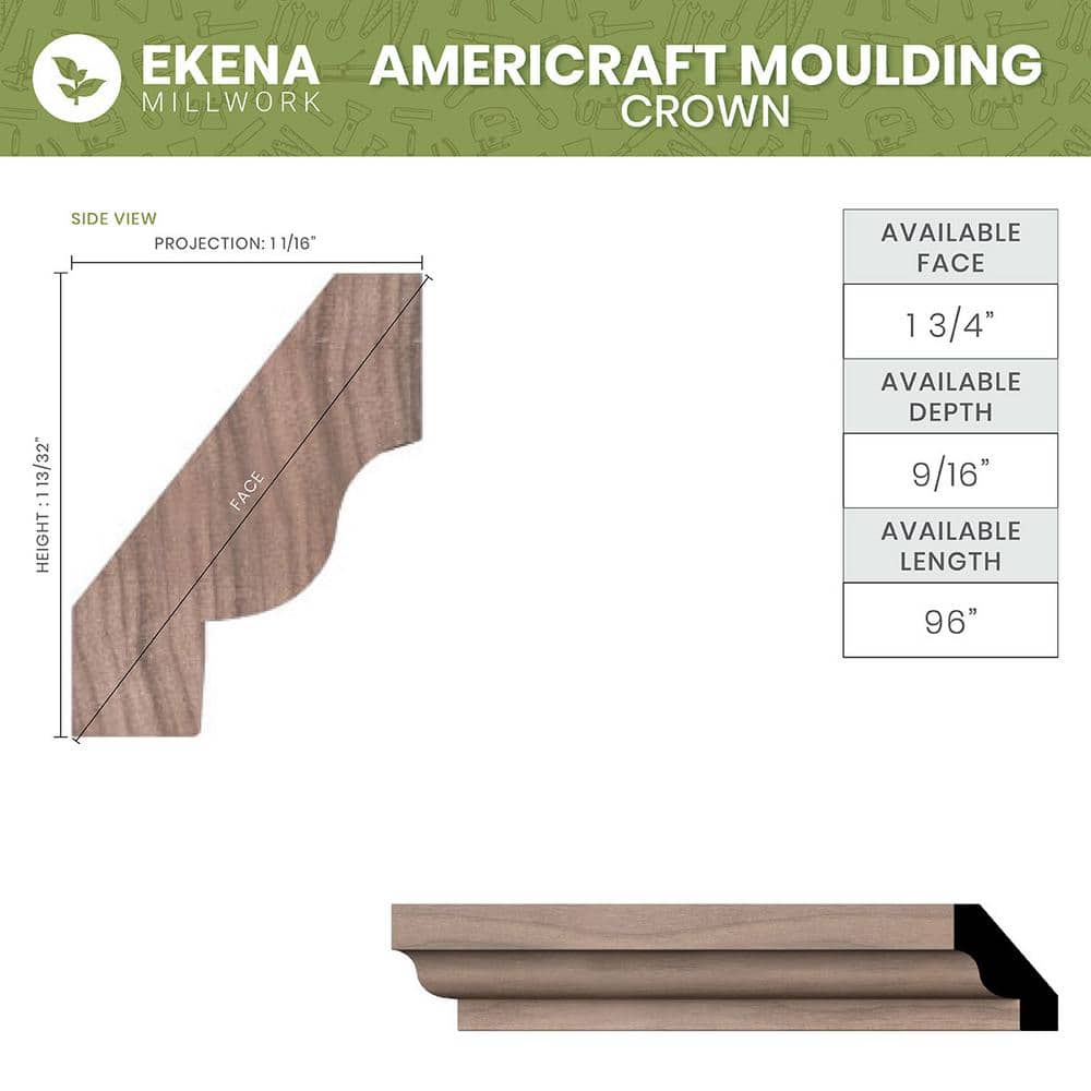 Ekena Millwork WM60 0.56 in. D x 1.75 in. W x 96 in. L Wood (Walnut) Crown Molding