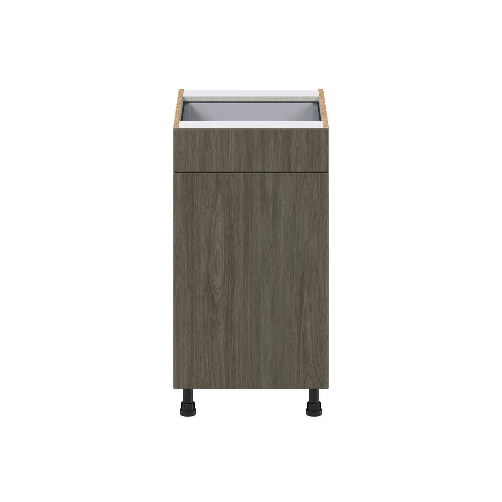 J COLLECTION 18 in. W x 34.5 in. H x 24 in. D Medora Textured Slab Walnut Assembled 2 Waste Bins Pullout and 1-Drawer Kitchen Cabinet