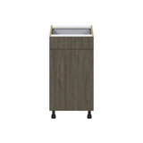 J COLLECTION 18 in. W x 34.5 in. H x 24 in. D Medora Textured Slab Walnut Assembled 2 Waste Bins Pullout and 1-Drawer Kitchen Cabinet