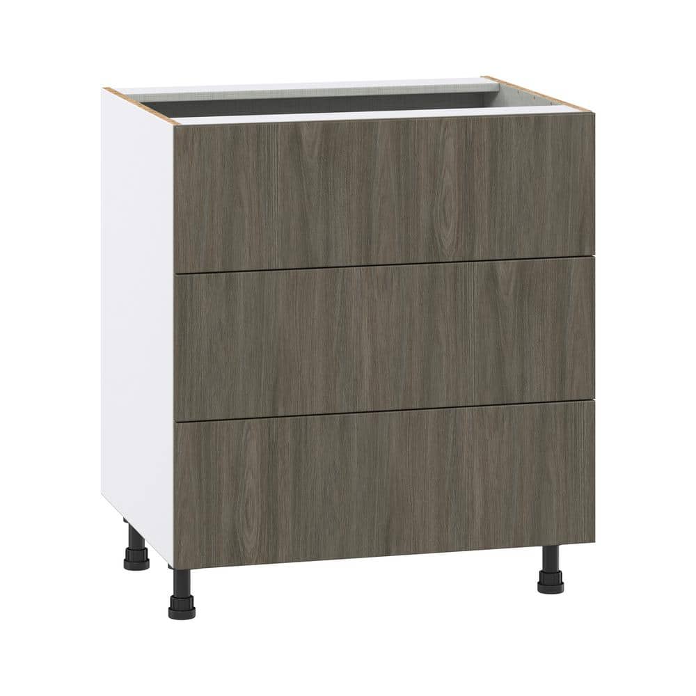 J COLLECTION 30 in. W x 34.5 in. H x 24 in. D Medora textured Slab Walnut Assembled Base Kitchen Cabinet with Three 10 in. Drawers