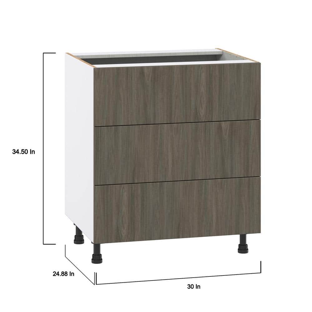 J COLLECTION 30 in. W x 34.5 in. H x 24 in. D Medora textured Slab Walnut Assembled Base Kitchen Cabinet with Three 10 in. Drawers