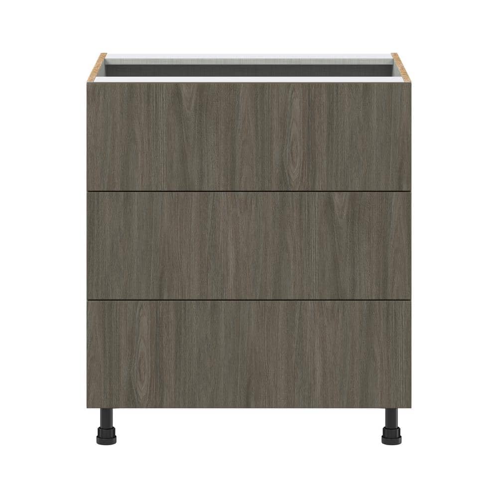 J COLLECTION 30 in. W x 34.5 in. H x 24 in. D Medora textured Slab Walnut Assembled Base Kitchen Cabinet with Three 10 in. Drawers
