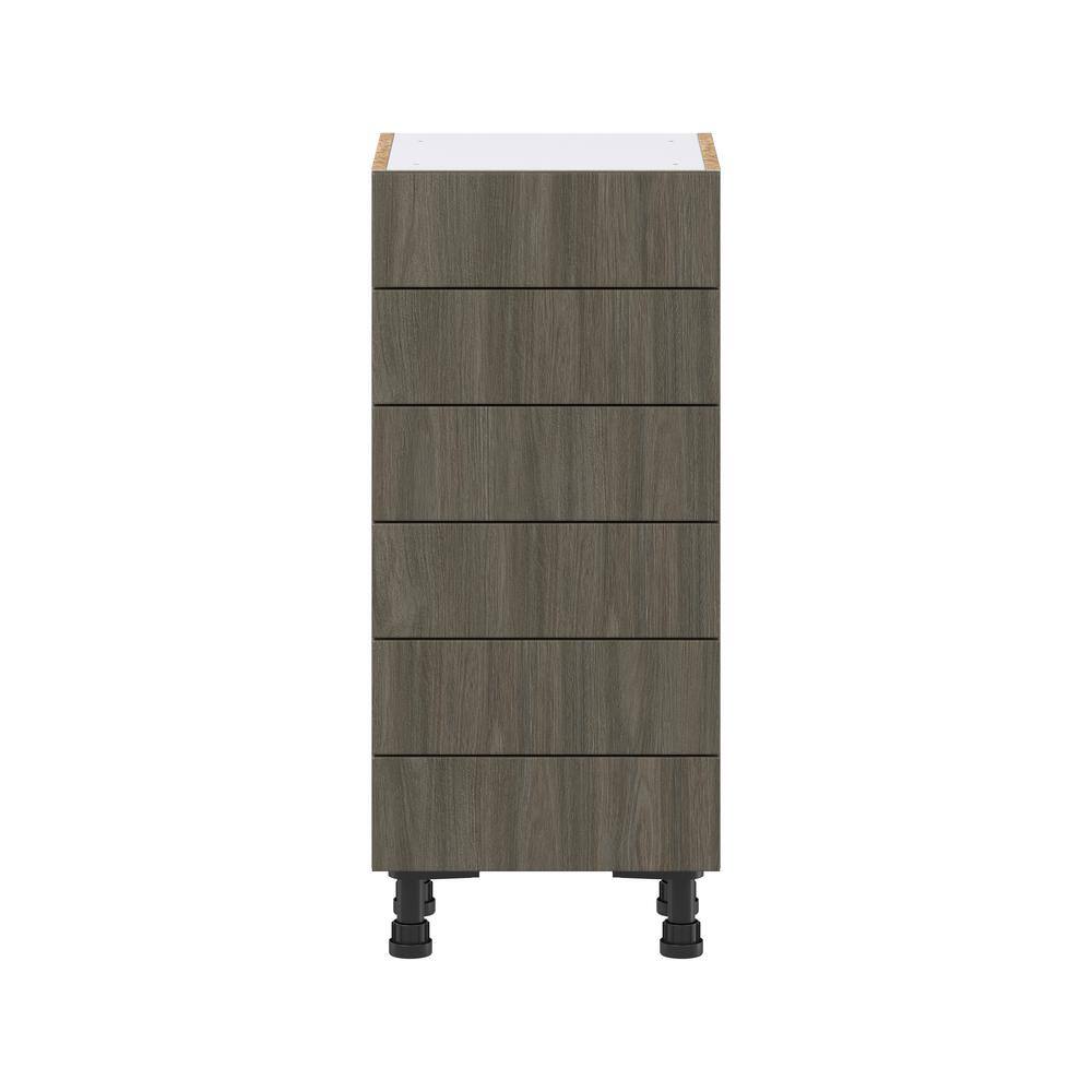 J COLLECTION 15 in. W x 34.5 in. H x 14 in. D Medora textured Slab Walnut Assembled Shallow Base Kitchen Cabinet with 6 Drawers
