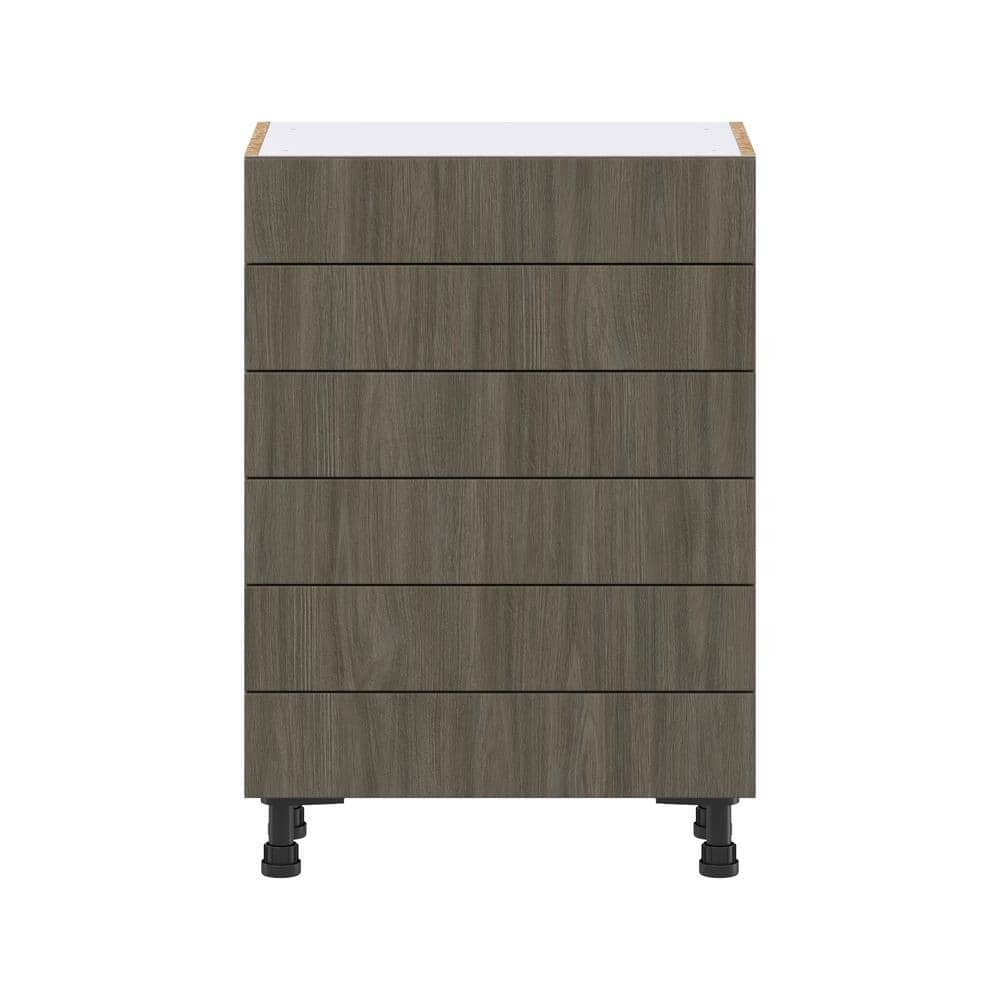 J COLLECTION 24 in. W x 34.5 in. H x 14 in. D Medora textured Slab Walnut Assembled Shallow Base Kitchen Cabinet with 6 Drawers