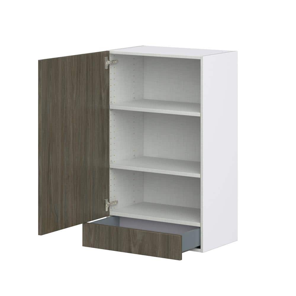 J COLLECTION Medora Textured 24 in. W x 40 in. H x 14 in. D Slab Walnut Assembled Wall Kitchen Cabinet with 1-Draw