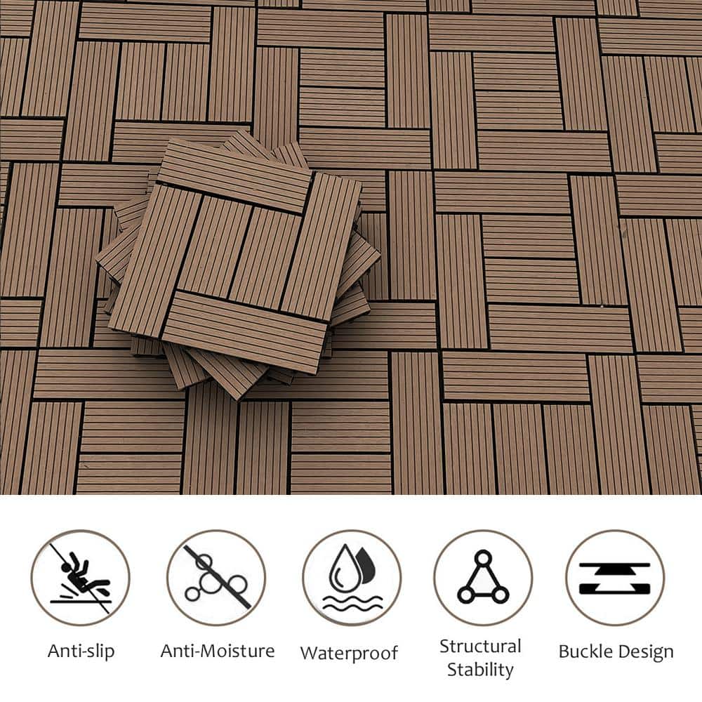 WRIGHTMASTER 0.98 ft. x 0.98 ft. Wood and Plastic Composite Interlocking Deck Tile in Walnut Taupe 6-Stripes (19 sq. ft. Per Box)
