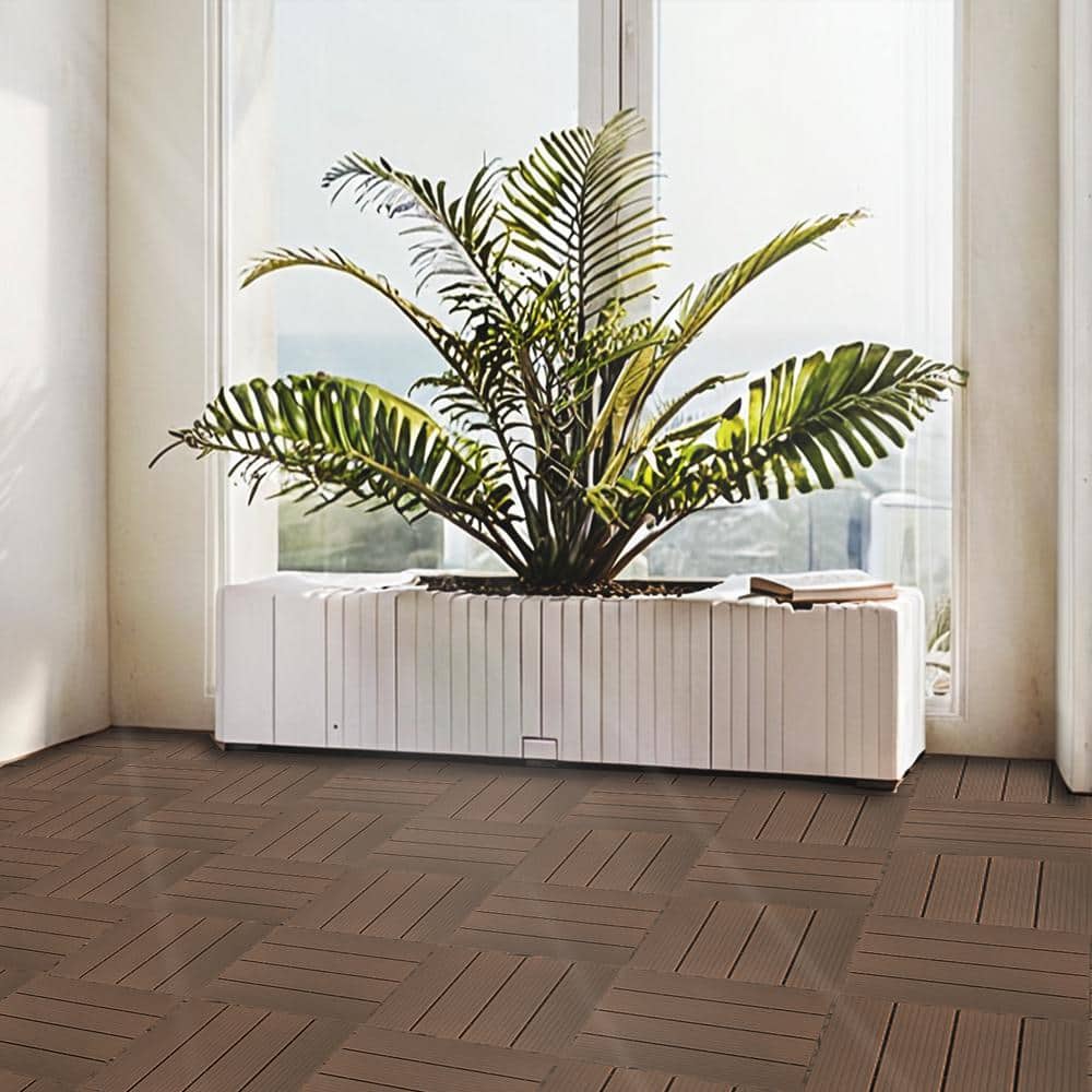 WRIGHTMASTER 0.98ft. x 0.98ft. Quick Deck PVC Plastic Interlocking Deck Tile in Walnut (33.5 sq. ft. Per Box)