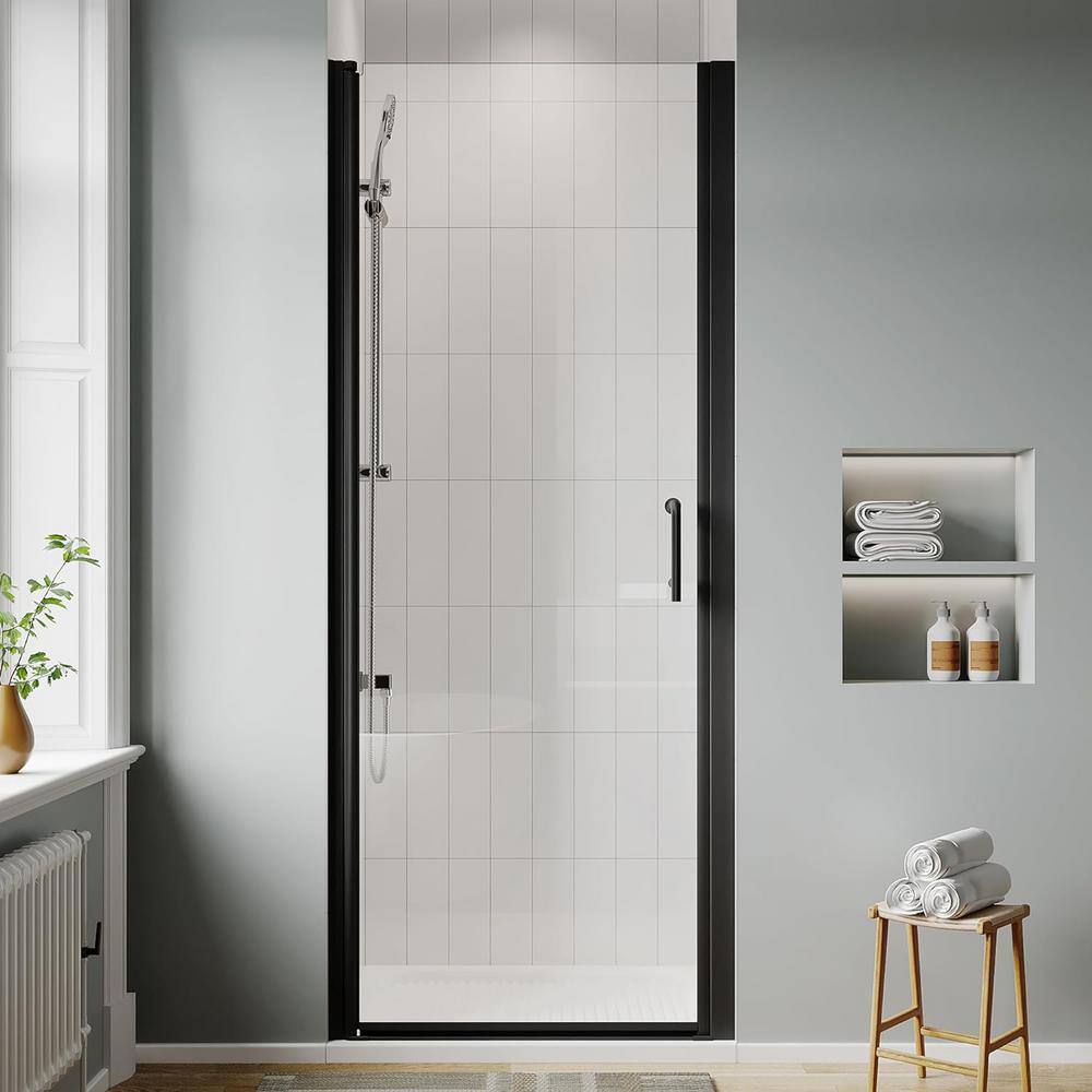 waterpar 30 to 32 in. W x 72 in. H Pivot Swing Frameless Shower Door in Black with Clear Glass