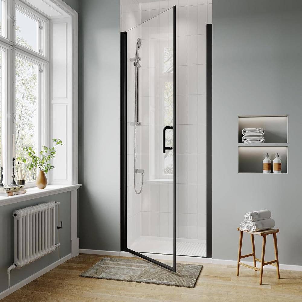 waterpar 30 to 32 in. W x 72 in. H Pivot Swing Frameless Shower Door in Black with Clear Glass