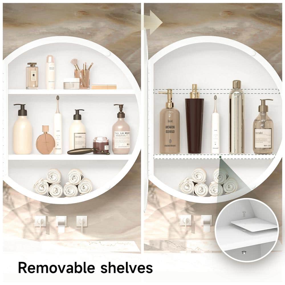 KeonJinn 20 in. W x 20 in. H Round White Metal Framed Recessed/Surface Mount Medicine Cabinet with Mirror