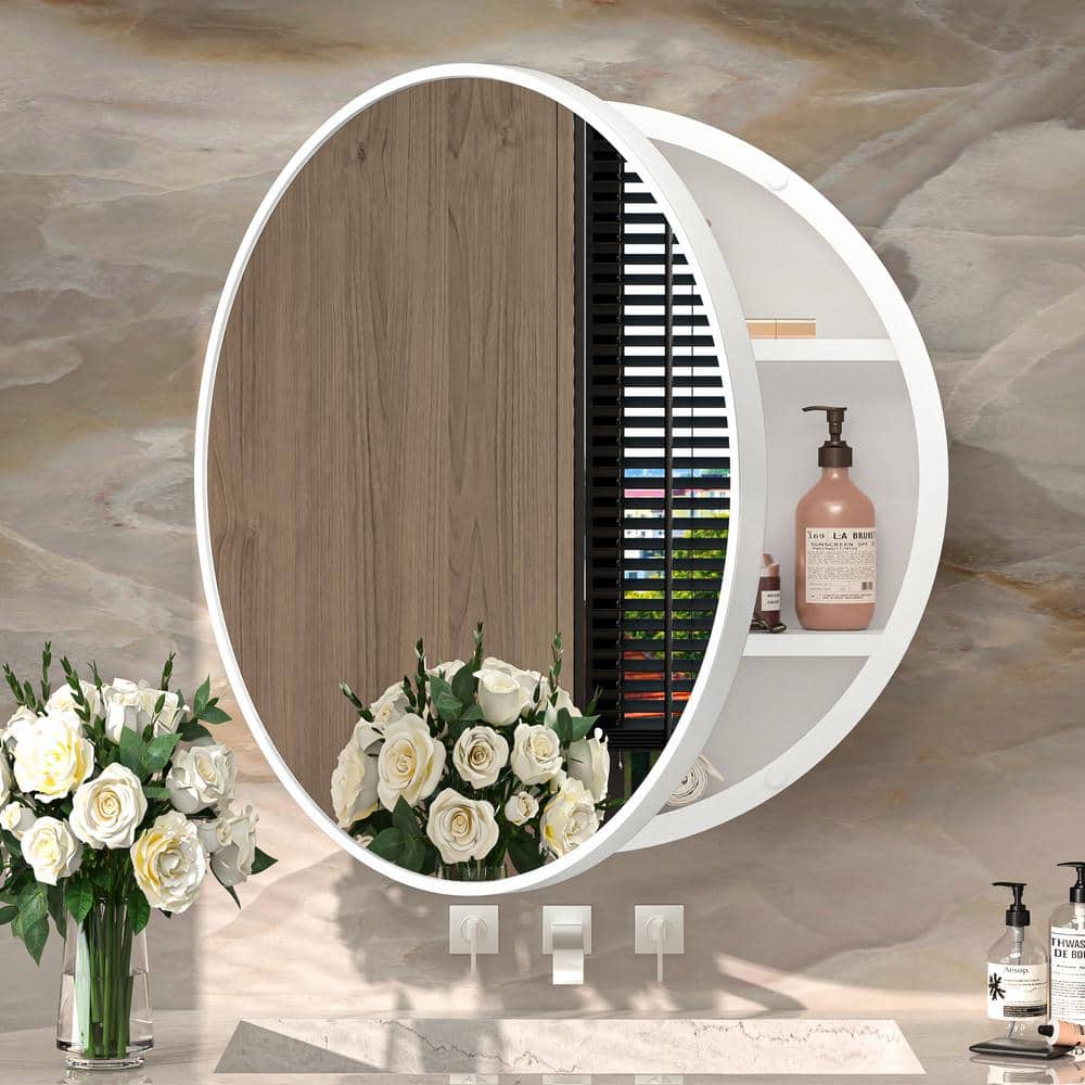 KeonJinn 20 in. W x 20 in. H Round White Metal Framed Recessed/Surface Mount Medicine Cabinet with Mirror