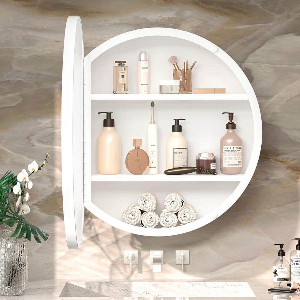 KeonJinn 20 in. W x 20 in. H Round White Metal Framed Recessed/Surface Mount Medicine Cabinet with Mirror