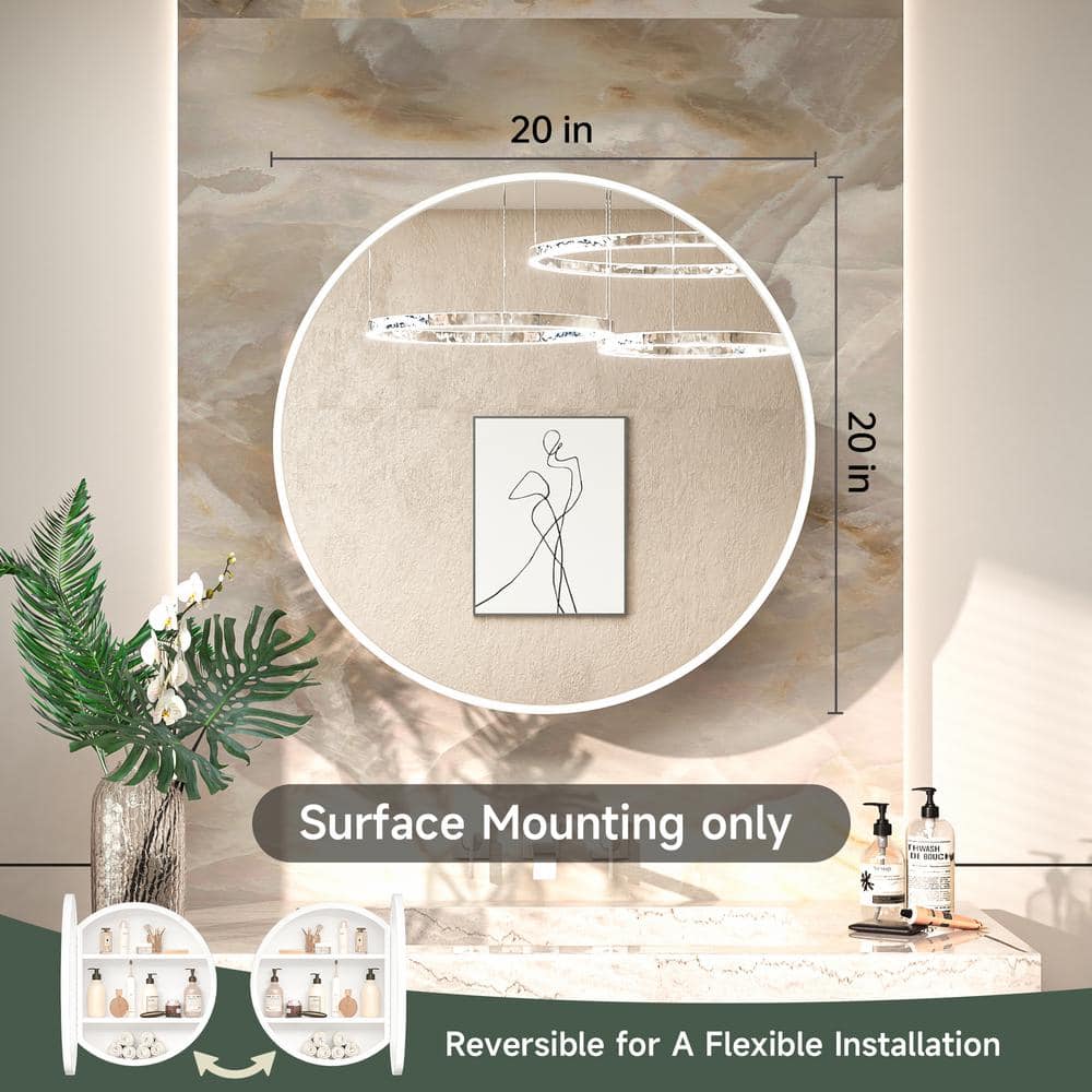 KeonJinn 20 in. W x 20 in. H Round White Metal Framed Recessed/Surface Mount Medicine Cabinet with Mirror
